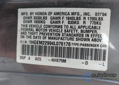 2004 Honda Civic Ex из США, поврежденный, VIN 1HGEM22994L076176